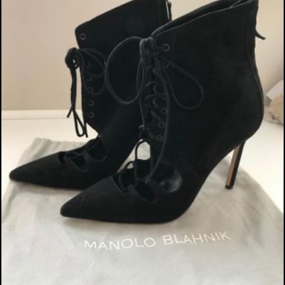 Manolo Blahnik Black Suede Lace Up Ankle Heels - Picture 3 of 3